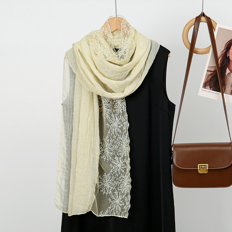Fairy-Style Lace Splicing with Artistic Embroidery, Versatile Solid Color Long Cotton and Linen Scarf, Women's Shawl, Korean-Style Travel Thin Veil Scarf
