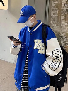 Blue Jacket New Arrival Hong Kong-Style Loose Trendy Brand Buckball Suit Men's Trendy Ins All-Match Letter Embroidered Shirt