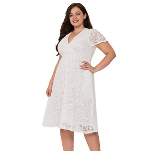 2025 European and American Cross-border Trade plus size Women's New Short-sleeved V-neck Lace Pocket Dress dress in stock
