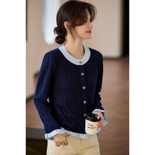 Real shot color contrast fake two-piece sweater cardigan women's 2024 spring new short sweater coat outerwear top