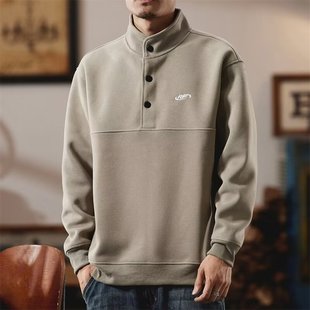 Spring and Autumn Solid Color Retro Button Collar Sweatshirt Men's New Handsome Loose Embroidered Long-sleeved Sports Clothes Sweatshirt