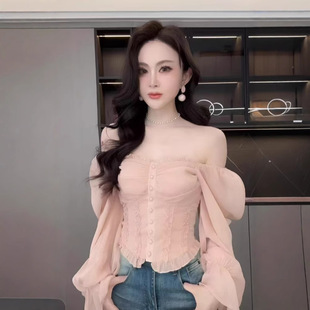 Ruixi Qingyin Girl Spring and Summer Tight Waist Slim-fit Pure Desire Ruffled Shoulder Top