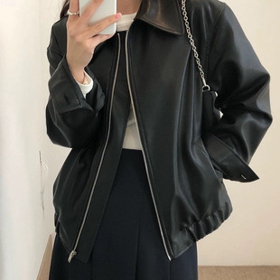 Spring and Autumn Thin American Retro Leather Jacket Women's Personality Handsome Lapel New PU Casual High Street Baseball Wholesale