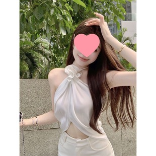 Hanging neck three-dimensional hand-stitched flower camisole women's summer backless elegant top design short thin hot girl