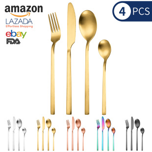 Amazon stainless steel small square handle knife and fork spoon cross-border hotel Western tableware steak knife, fork and spoon 4-piece set Wholesale