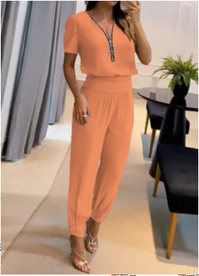 2023 European and American Foreign trade solid color V-neck zipper short-sleeved shirt ankle-tied pants suit fashion casual two-piece suit