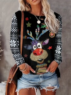 Europe and the United States cross-border Amazon women's TEMU explosions selfie Christmas casual top printed long sleeve T-shirt women