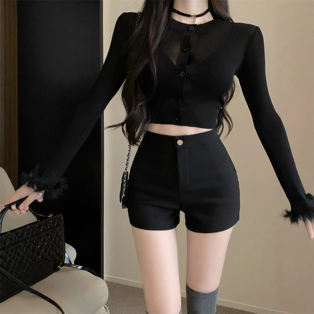 블랙 하이 허리 스트레치 캐주얼 반바지 여성 가을 스파이스 걸스 타이트한 스트레이트 핫 팬츠 슬림 핏 엉덩이 A-셔츠 바지