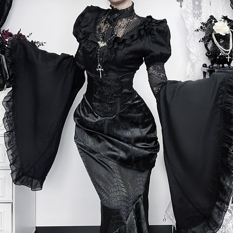 Cf25356 Dark Gothic Lolita Princess Sleeve Shirt 2026 New Gothic Punk Slim Fit Flared Sleeve Top