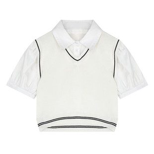 03015# Short Knitted Shirt Women's Summer New Fake Two-Piece Polo Neck Shoulder Top oversize