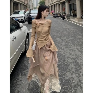 Tea Style Gentle Style suit Temperament Niche off-shoulder Top Women's Spring High Waist Skirt Atmosphere Two-piece Set