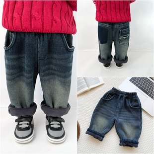 Ins Baby Jeans 2024 Winter New Boys and Girls Children's fleece-lined Denim Pants Go Out Thick Pants Tide