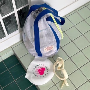 Ins Style Leisure Beach Mesh Bag Shoulder Bucket Bag Summer Dopamine Nylon Color Contrast Waterproof Drawstring Storage Small