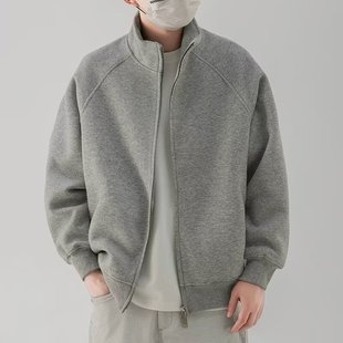 Niche Heavy Solid Color Collar Sweater Men's Spring and Autumn American Casual Loose Wide Double Zip Cardigan Jacket Trendy