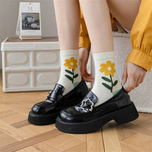 2023 Socks Women's Autumn and Winter New ins Style Simple Fresh Solid Color Floral Women's Socks Korean Style Socks for Students