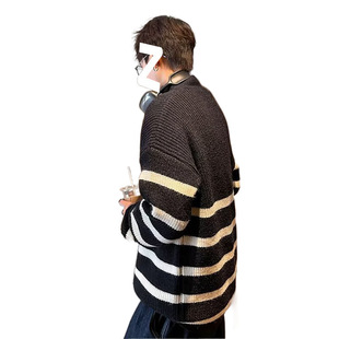 Half Zip POLO Neck Sweater Men's Autumn and Winter Lazy Loose Lapel Striped Sweater Coat Sweater Trend