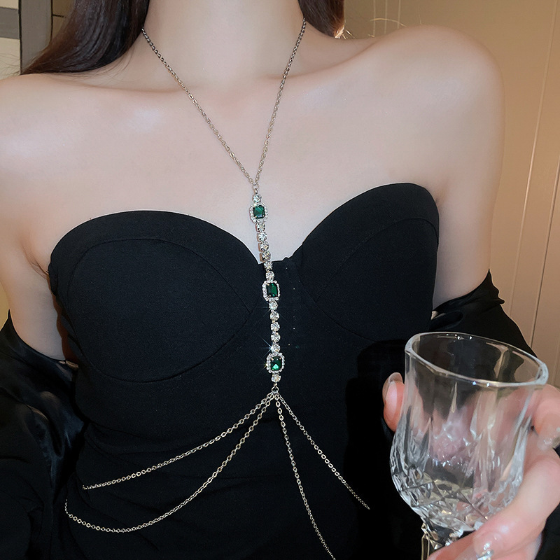 European and American Style Light Luxury Diamond Tassel Necklace Chest Chain Dual-use Fashion Personality Exaggerated Body Chain Sexy Spice Accessories
