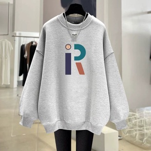 Klein Blue Sweatshirt Women's Loose fleece-lined 2024 Fall/Winter New American Letter Stylish Mid-length plus size Top