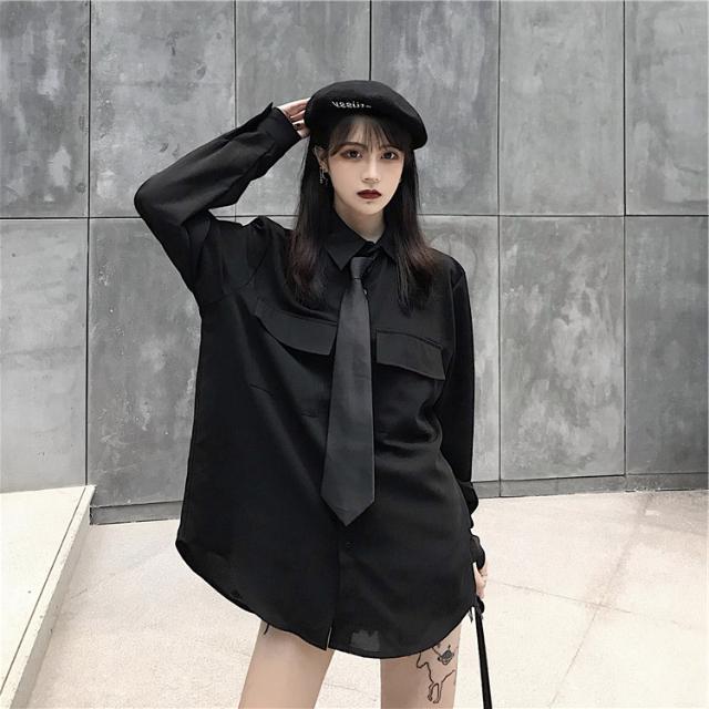 (Long Sleeve/short sleeve) black shirt women's clothing student Korean style loose college style women's clothing summer autumn top