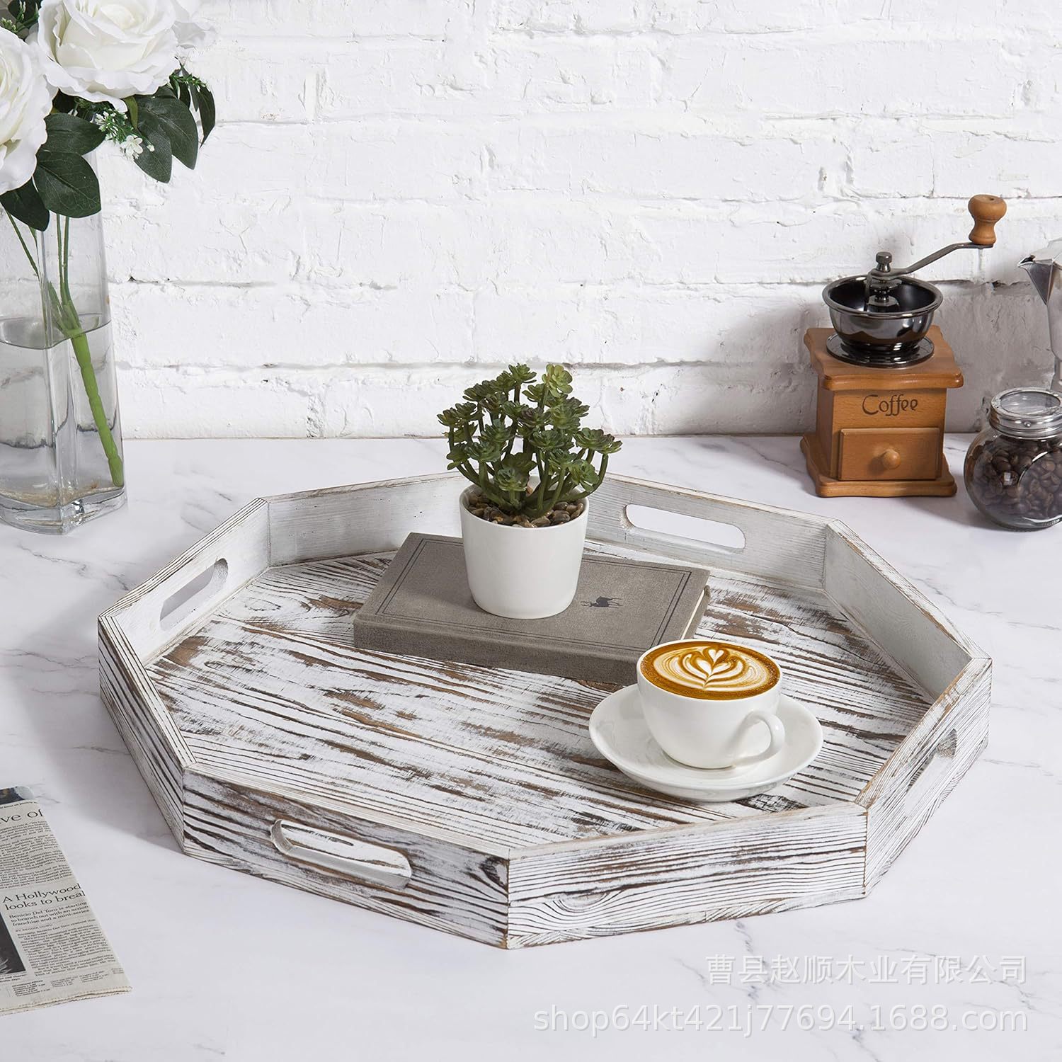 White Washed Solid Wood Octagonal Tray Decorative Dressing Table Cushion with Handle Coffee Table Home Decorative Tray
