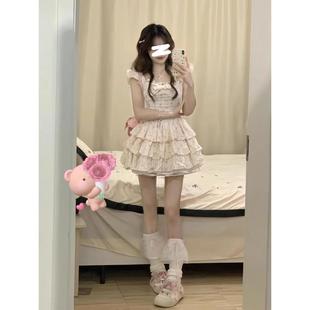 Sweet Bow Floral dress Women's Summer New Slim-fit Waist Bubble Sleeve Tea Break Princess Puff Skirt