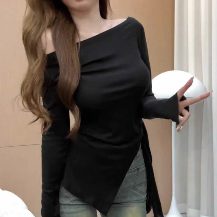 공식 그림 실제 가격 스파이스 소녀 세련된 오프 숄더 탑 여성의 가을 새로운 디자인 센스 틈새 어깨 내베이스 셔츠