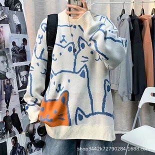 Autumn and Winter New Cartoon Cat Crewneck Sweater Men's Loose Couple Students Korean Style Trendy Casual Knitwear