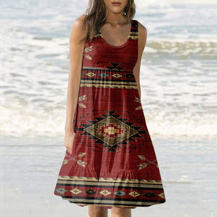 Foreign Trade Cross-border 2023 Summer New European and American Amazon Sleeveless Beach Dress Printed A- line Dress