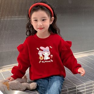 Children's 2025 Red Sweat New Year of the Snake New Style fleece-lined Thickened Pullover Girls' Clothes Top