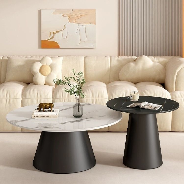 Italian Light Luxury Modern Slate Round Coffee Table High and Low Combination Living Room Home Small Apartment Small Coffee Table Side Table Corner Table