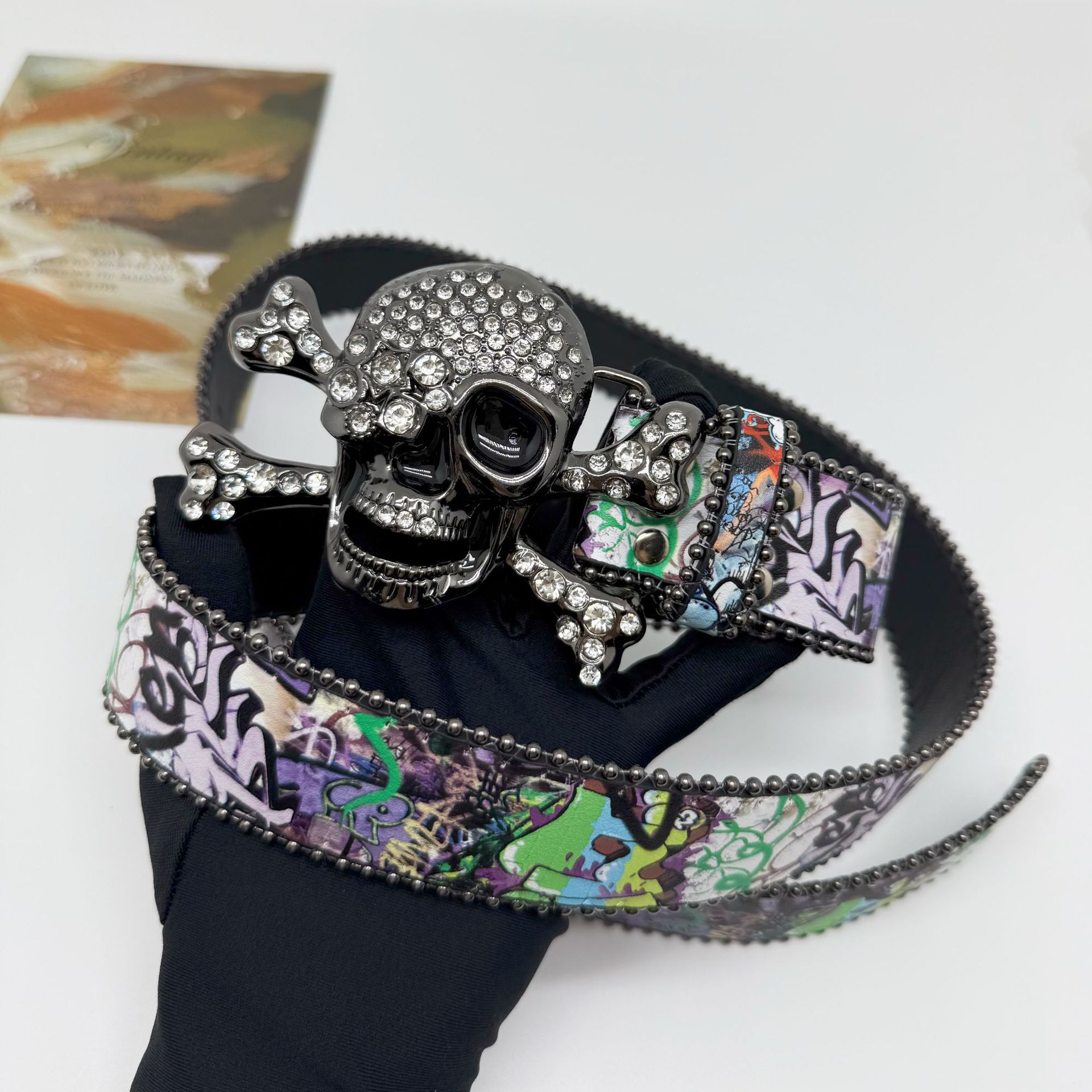 Large Skull Rhinestone Head Print Graffiti Belt Y2K Trendy Leather Print Belt Subculture Trendy Punk Trend