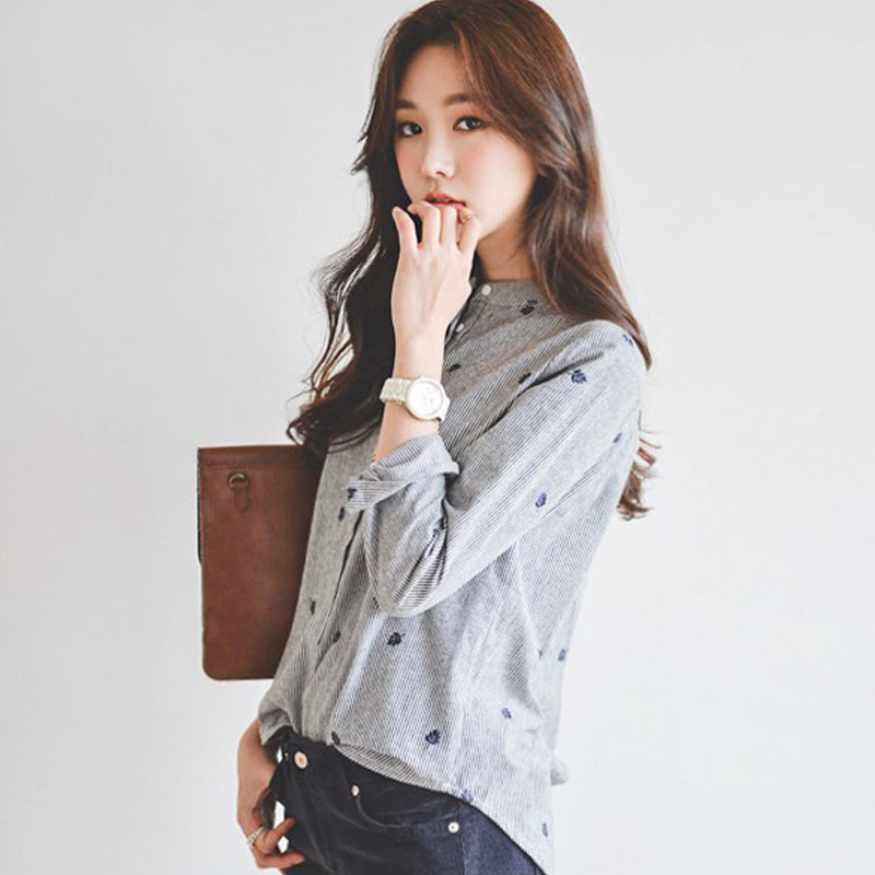 2023 봄 가을 신상품 스트라이프 컬러 매칭 나뭇잎 자수 한국식 칼라 셔츠 긴팔 슬림핏 여성용 베이스 셔츠