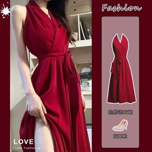 Pure Desire Wind Red Neck dress Women's 2025 Early Spring New A- word Royal Sister's Waistband Slim-fit Mid-length Dress