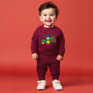 Cross-border foreign trade children's clothing Europe and the United States 2025 new children's round neck boy baby tractor love printed sweater suit