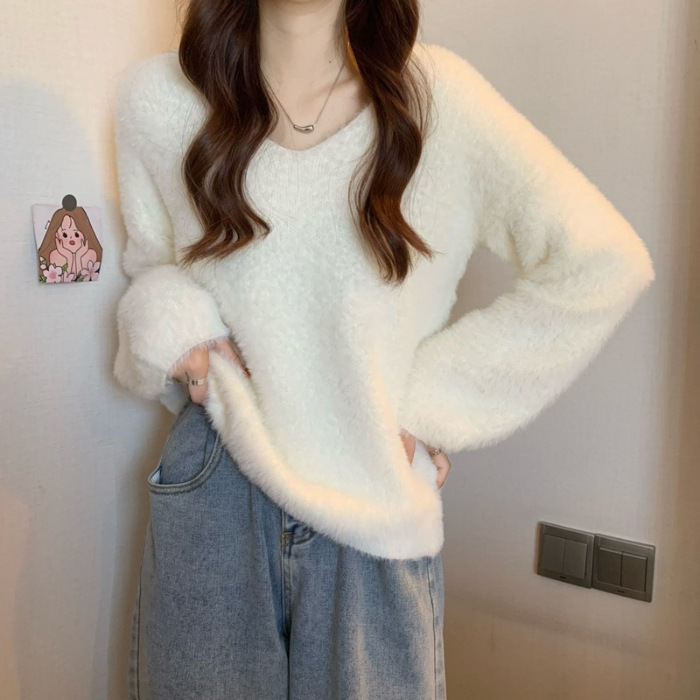 모조 밍크 캐시미어 스웨터 여성의 가을과 겨울 웨스턴 스타일 두꺼운 따뜻한 V-Neck 느슨한 내부 긴 소매베이스 스웨터 탑