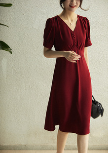 V-neck button decoration stunning white summer new waist elegant slim solid color dress