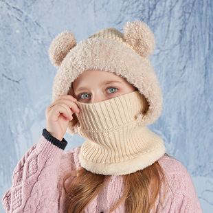 Children's hat cartoon cute bear mask scarf all-in-one hat winter outdoor fleece-lined warm knitted wool hat