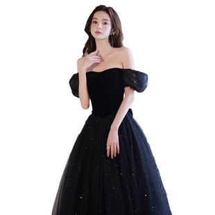 Black Evening Dress for Annual Party, Summer Light Luxury Niche High-End Temperament Banquet Host, Sophisticated Adult Women's Formal Dress