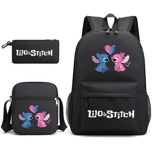 Star Baby stitch stitch backpack shoulder bag + pencil case black student schoolbag three-piece set