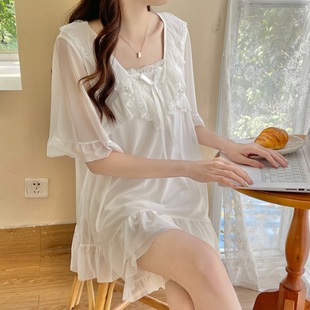 Pajamas Women's Summer Short-sleeved Mesh Modal Sweet Small Sexy Court Princess Style Home Suit 8881 Powder