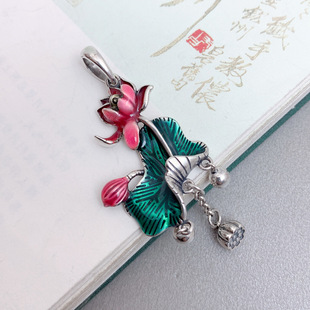 Vintage Jewelry Enamel Cloisonne Lotus Leaf Lotus Ear Buckle Artistic Ethnic Style Elegant Pendant Long sweater chain