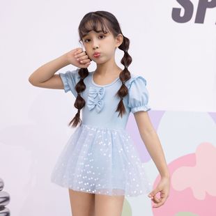 Children's Swimwear Polyester Girls Children's Mesh One-piece Small Fresh Solid Color Dress Hot Spring Swimwear Wholesale