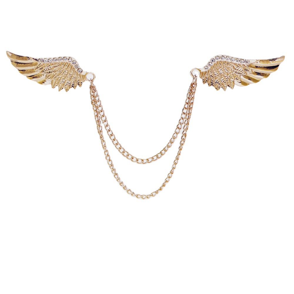 Trendy Men's Suit Badge Angel Wings Chain Pin Buckle Collar Pin Retro Badge Diamond Chain Wings Brooch