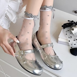 Crystal Glass Silk Stockings Women's Summer Thin Ballet Style Tube Summer with Mary Jane Shoes Small Leather Shoes Bow