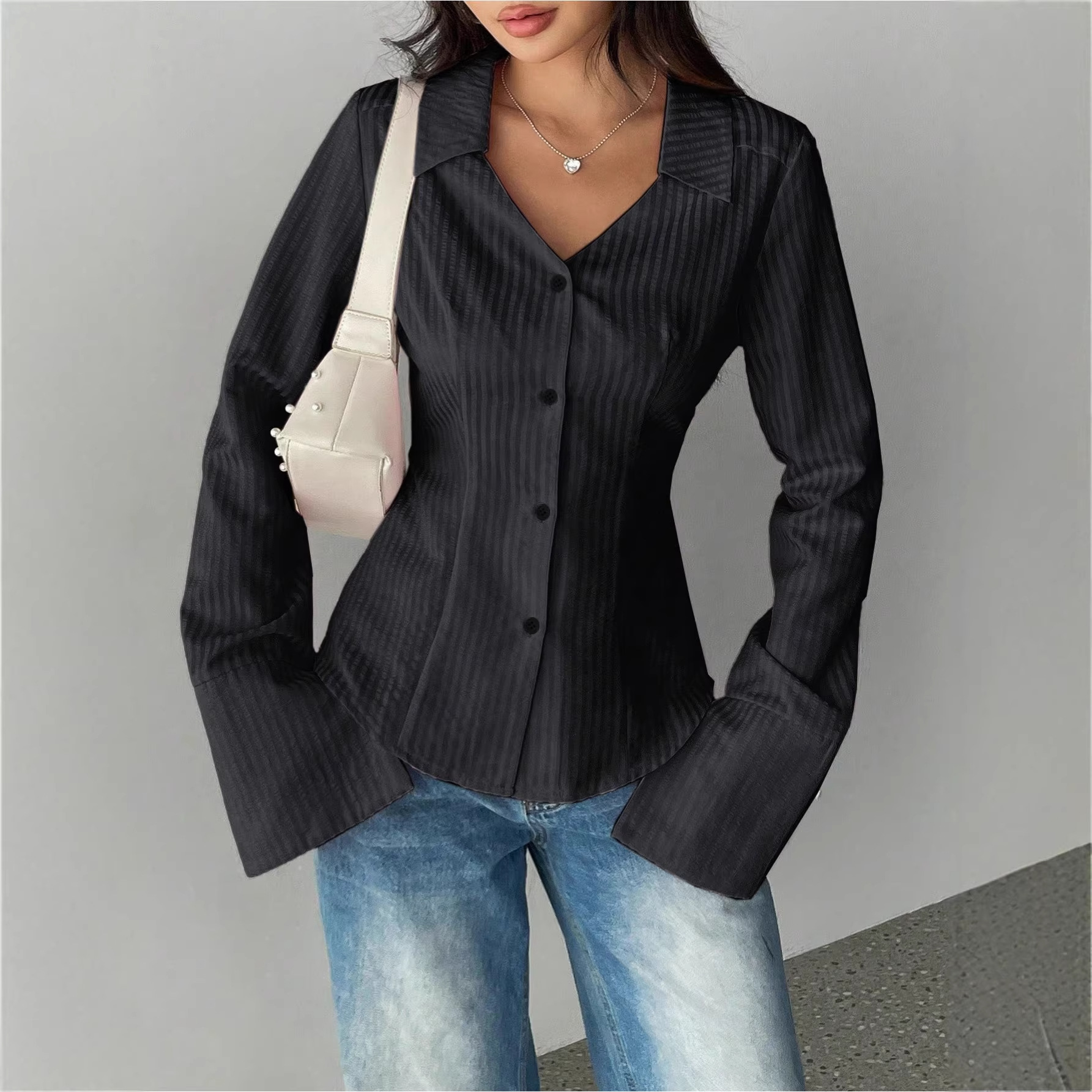 European and American Women's Clothing Amazon Temu Cross-Border Autumn Foreign Trade Style Women's Striped Printed Button-Down Shirt Elegant Long-Sleeve