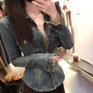 American Style Retro Blue Polo Collar Denim Shirt Women's Winter High-end Sense Tight Waist Slim-fit Slim Jacket Top