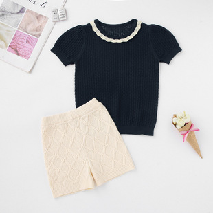 2022 New Style fub Children's Clothing ins Niche Children's Clothing Summer Thin Top Girls' Lace Collar T-shirt Knitted Shorts