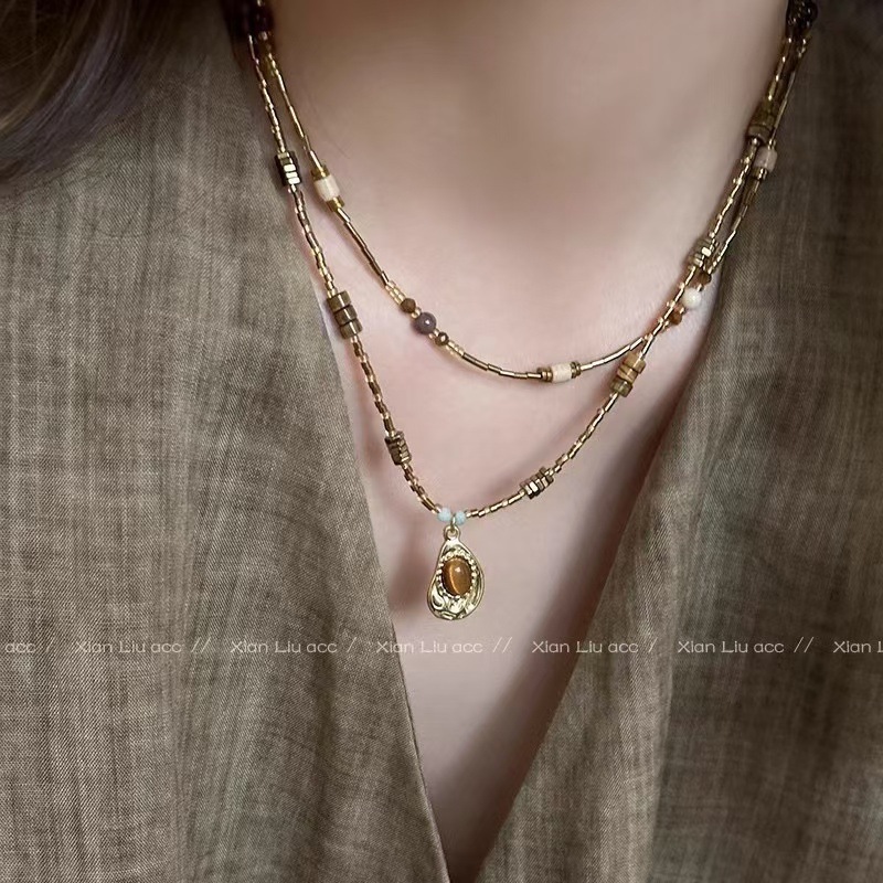 Autumn and Winter New Style Maillard-Style Imitation Natural Stone Necklace with a French Vintage Feel, Tiger Eye Stone Beaded Choker Necklace