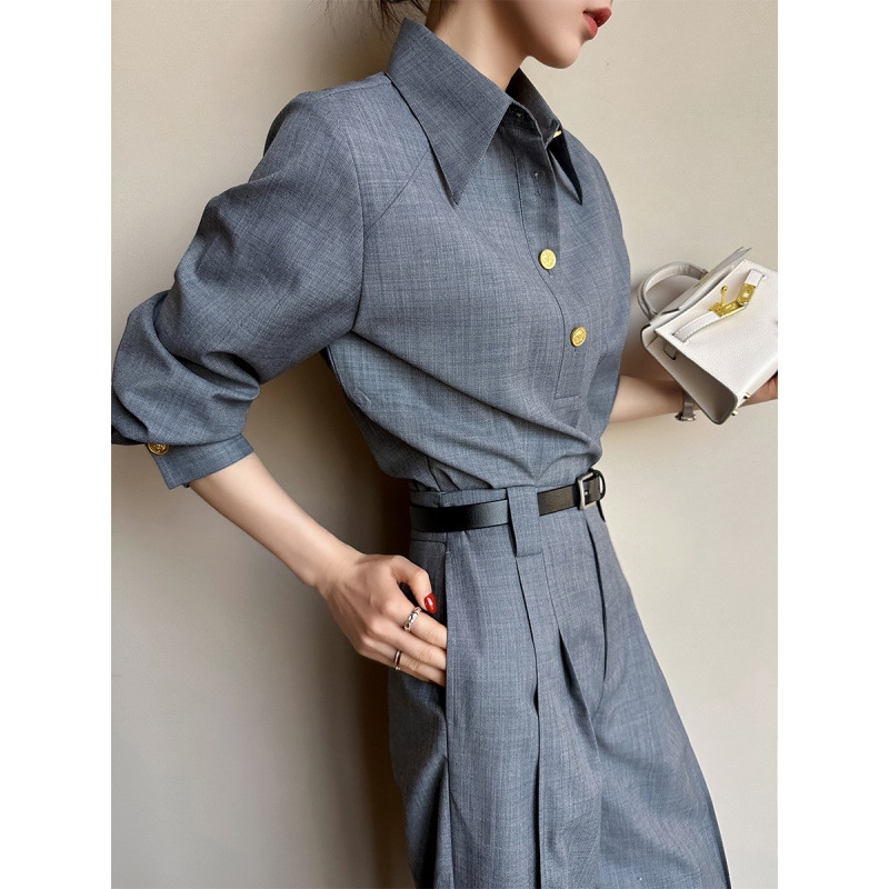 9428 In-Stock Outfit: a Complete Set of High-End Elegant Small Dress with a Powerful Aura, Women's Gray Shirt, Suit Pants Set