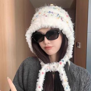 Sweet Cute Fluffy Hat Women's Winter New Cold-proof Warm Ear Protection Knitted Hat All-match Face-showing Small Bag Headcap